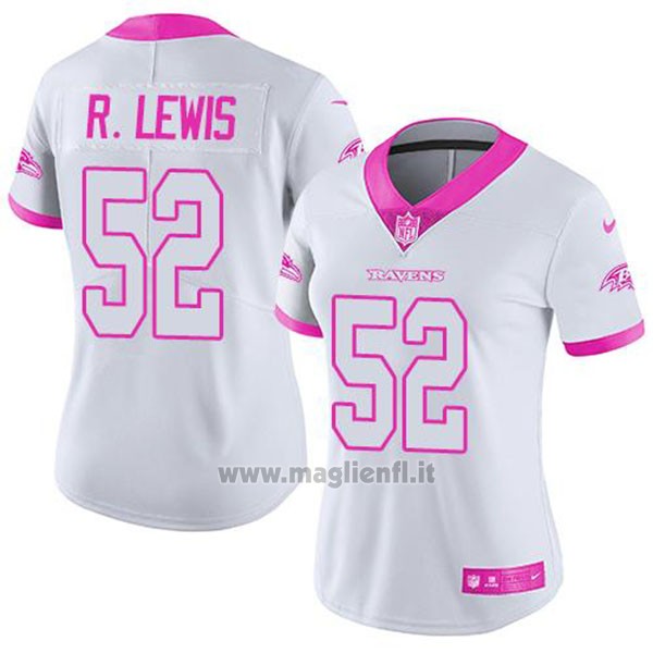 Maglia NFL Limited Donna Baltimore Ravens 52 Ray Lewis Bianco Rosa Stitched Rush Fashion